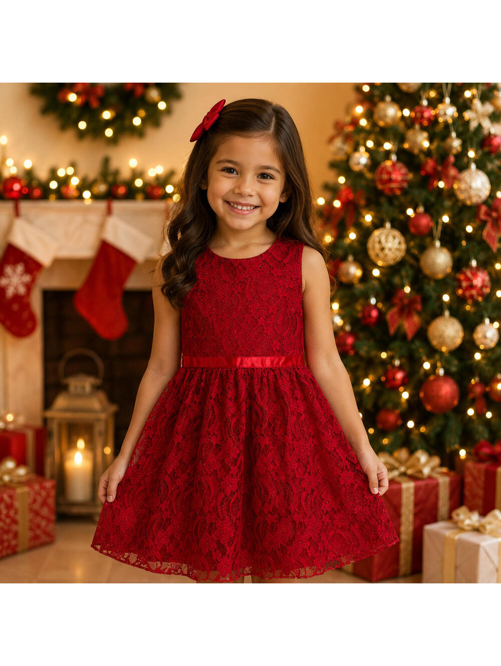 Lavender Girl's Holiday Dress Red Lace Christmas Formal Floral Valentines Size 6